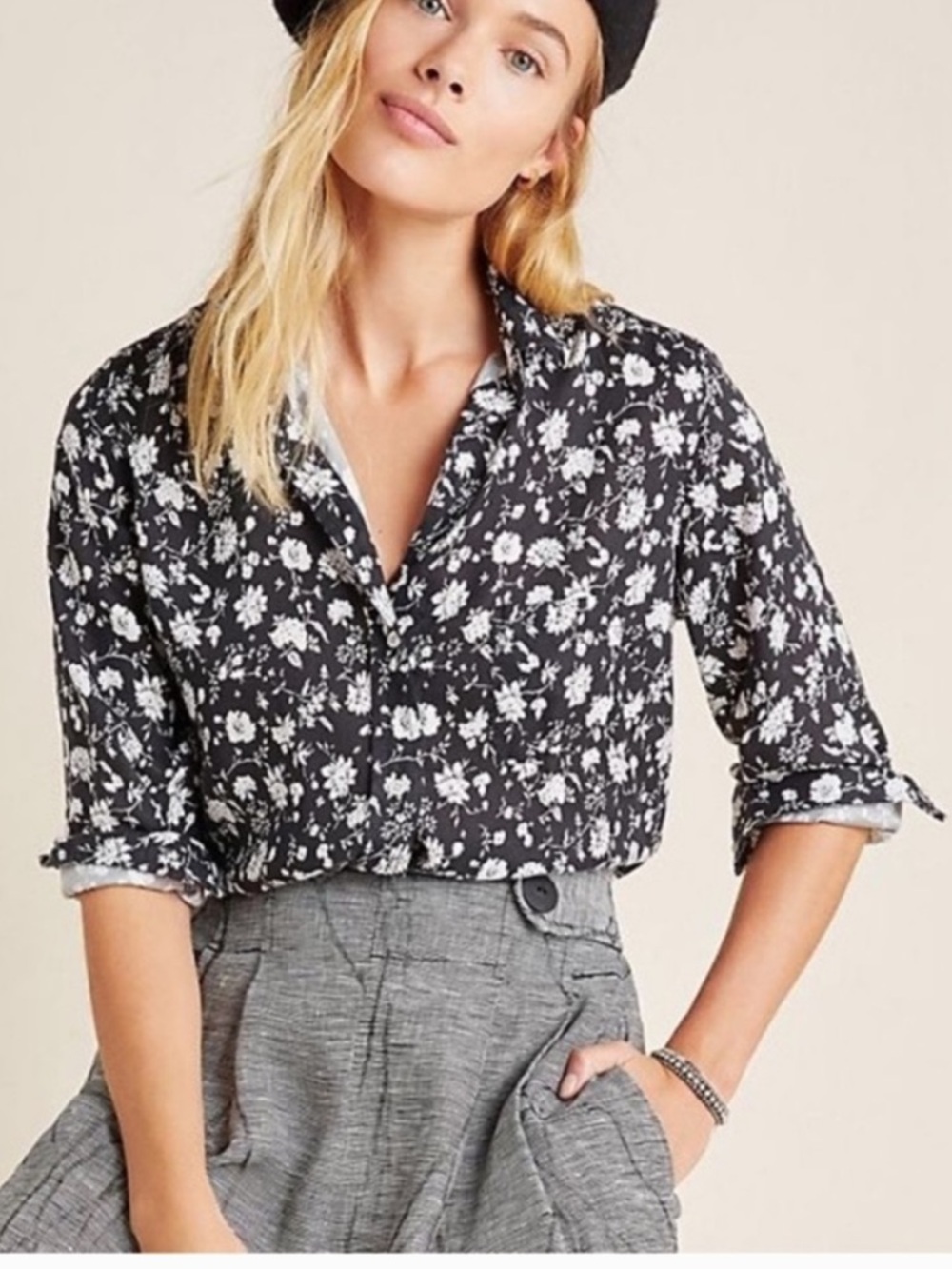 Grayson‎ The Hero Button Up Top Black White Floral Long Sleeve Lyocell Sz L